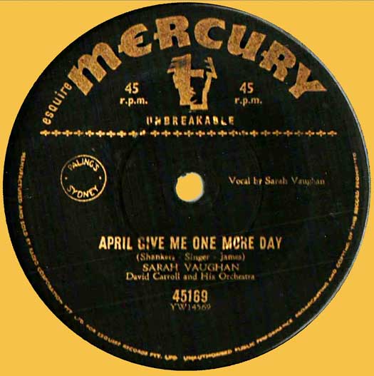 Mercury 45169 Australian record label, April Give Me One More Day, Sarah Vaughan