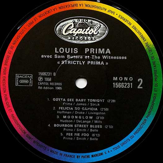 Capitol Mono 1566231 side 2 record label, France, Louis Prima with Sam Butera and the Witnesses