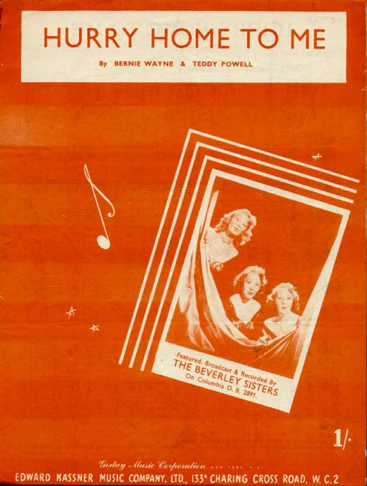 'Hurry Home to Me' -Sheetmusic cover with The Beverley Sisters