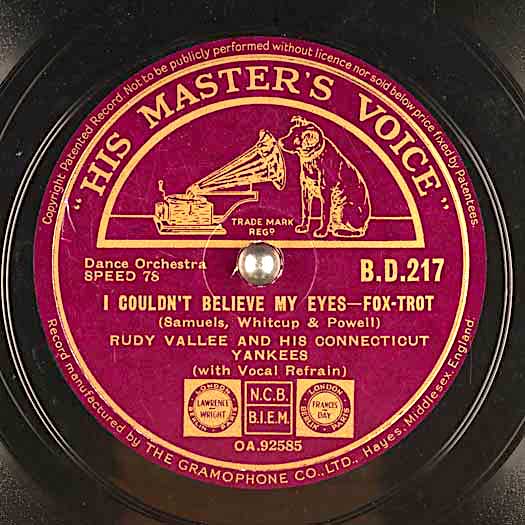 His Master's Voice B.D.217 I Couldn't Believe My Eyes, Rudy Vallee and His Connecticut Yankees record label