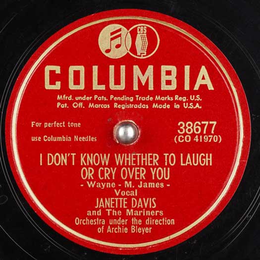 I Don't Know Whether To Laugh Or Cry Over You, COLUMBIA #38677, Jeanette Davis and the Mariners record label