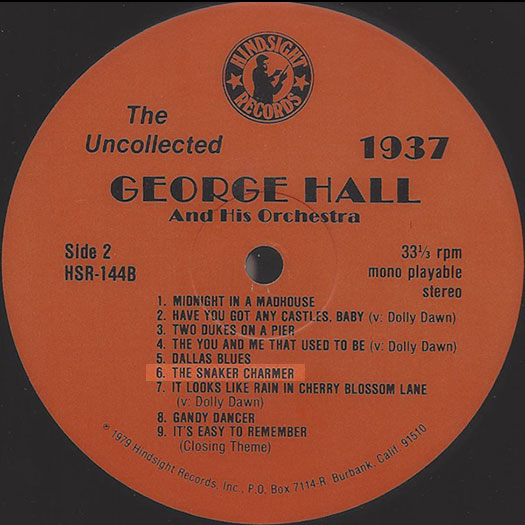 Hindsight HSR-144B side 2, 33 1/3 rpm track 6 record label, The Uncollected 1937 George Hall And His Orchestra