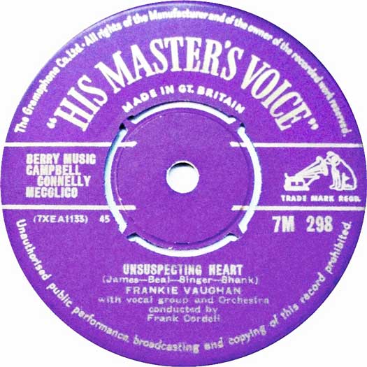 Unsuspecting Heart-Frankie Vaughan, His Master's Voice # 7M 298, Britain record label