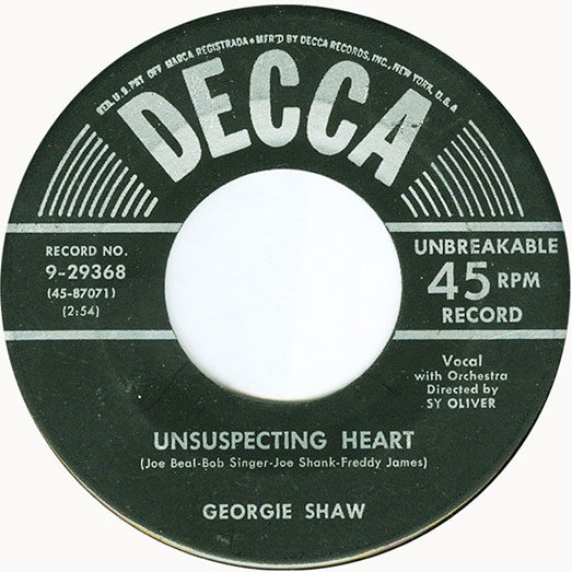 Unsuspecting Heart-Georgie Shaw Decca 9-29368 record label