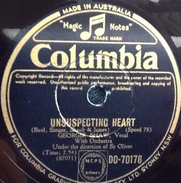 Unsuspecting Heart-Georgie Shaw Columbia D0-70176 Australia record label
